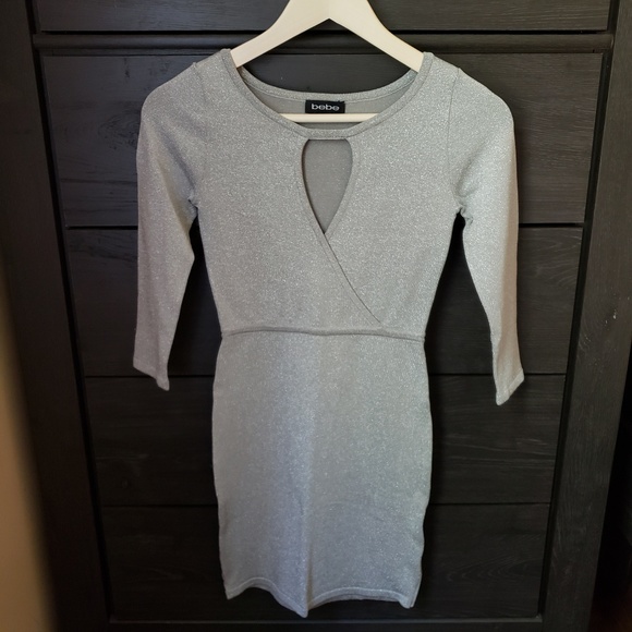 🎊Bebe Gray Metallic 3/4 Sleeve Keyhole Dress - Picture 2 of 8
